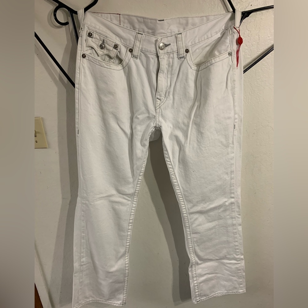 True Religion Mens 38 White Straight Flap Pocket Thick Stitch Denim Actual 38